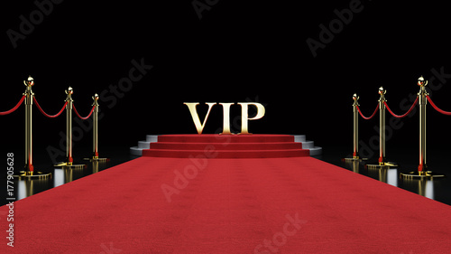 Red Event Carpet, Stair and Gold Rope Barrier Concept of Success and Triumph