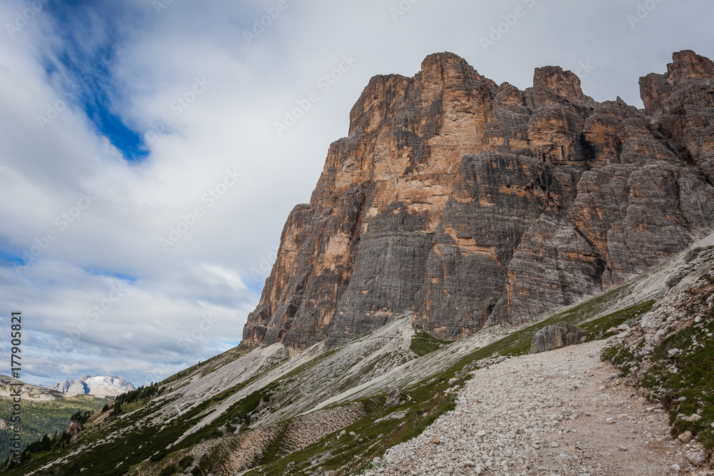 Southern wall of Tofana di Rozes with Marmolada glacier background, Cortina d'Ampezzo, Dolomites, Veneto, Italy