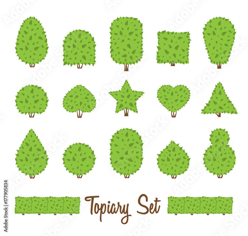 Topiary set. Different basic shape of bushes, trees. Green multiform shrubs.