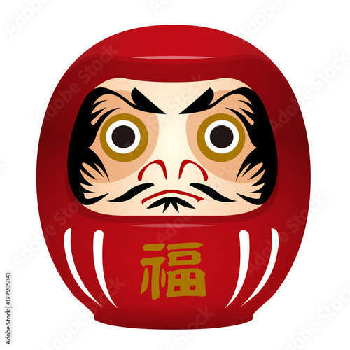Japanese traditional dharuma doll illustration. Fuku  means "Happy".