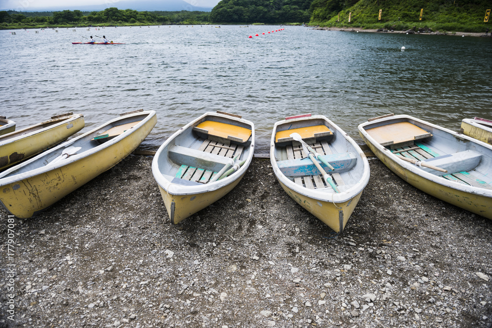 Rowing boats with paddles docked on lake shore.