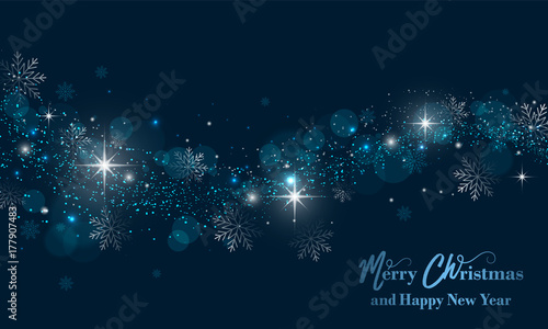 Merry Christmas and Happy New Year banner with stars, glitter and snowflakes. Vector background.
