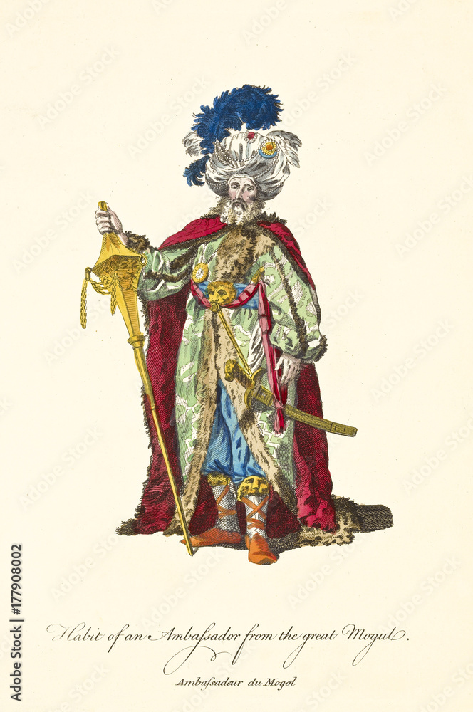 Fototapeta premium Ambassador of the Great Mogul posing in traditional dresses. Rich turban with feathers and jewlers, gold sword and stick, red mantle. Old illustration by J.M. Vien, on T. Jefferys, London, 1757-1772