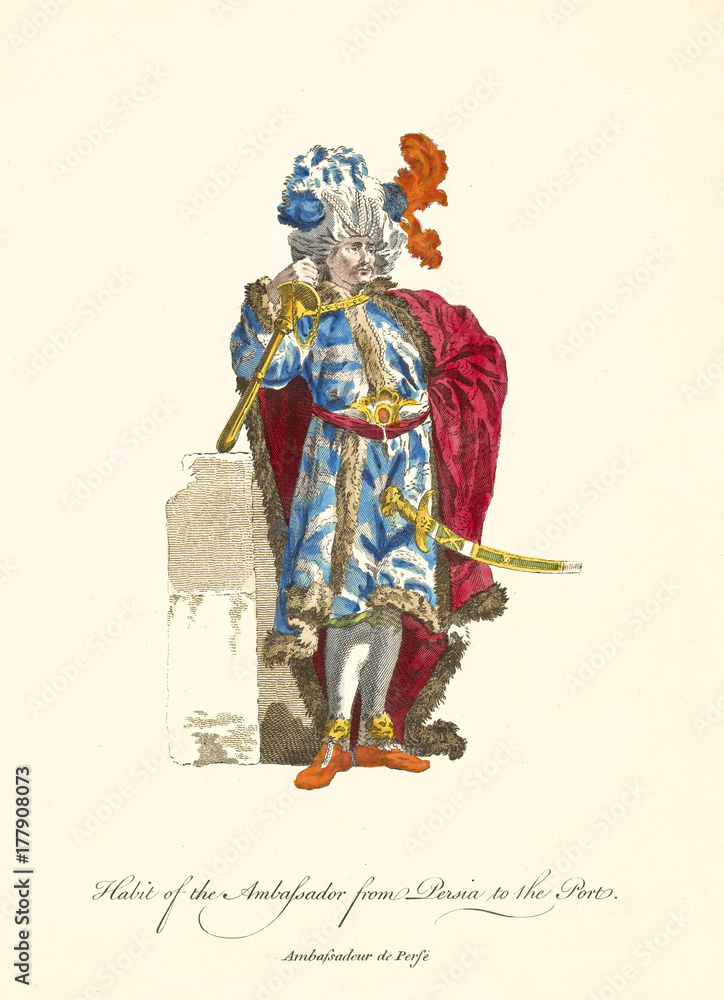 Persian Ambassador in traditional dresses. Rich clothes and gold items. Sword, scepter and turban. Long red mantle. Old illustration by J.M. Vien, on T. Jefferys, London, 1757-1772