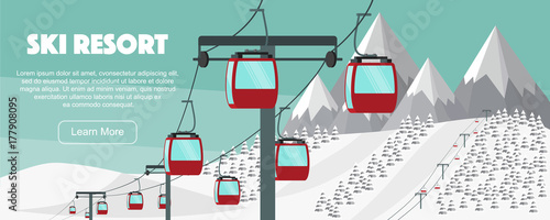 Ski resort, lift flat vector illustration. Alps, fir trees, mountains wide panoramic background. Aerial ropeways, hills, winter web banner design.
