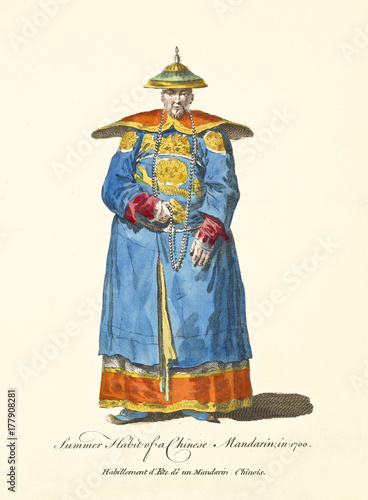 Chinese Mandarin in traditional summer dresses in 1700. Long rich decorated silk clothes. Old illustration by J.M. Vien, publ. T. Jefferys, London, 1757-1772