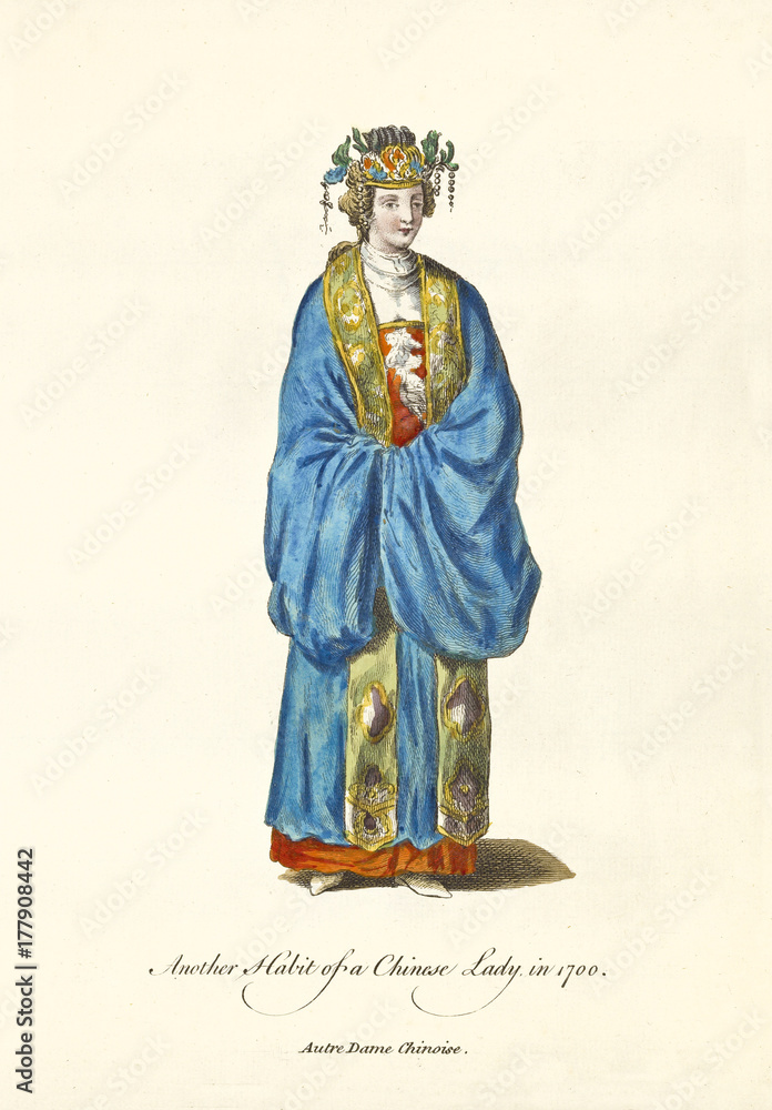 Chinese Lady in traditional dresses in 1700. Rich clothes and hat gold decorated. Old illustration by J.M. Vien, publ. T. Jefferys, London, 1757-1772