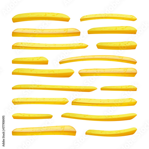 Realistic French Fries Vector. Tasty Fast Food Potato Icons. Classic American Stick Breakfast. Design Element. Isolated On White Background Illustration