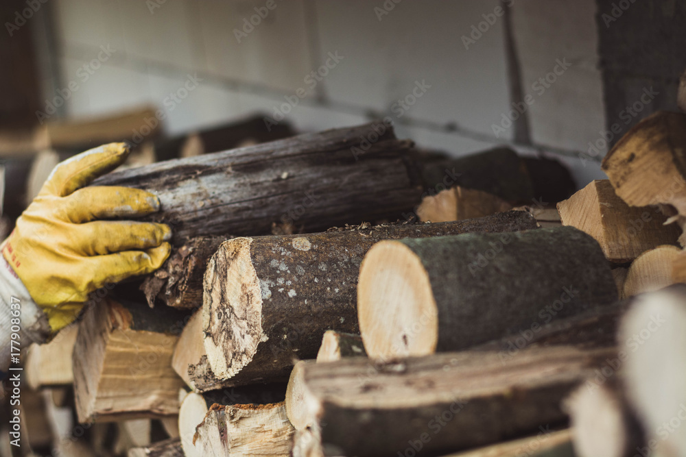 Stacked chopped wood for the winter. Stacked chopped wood for the winter.