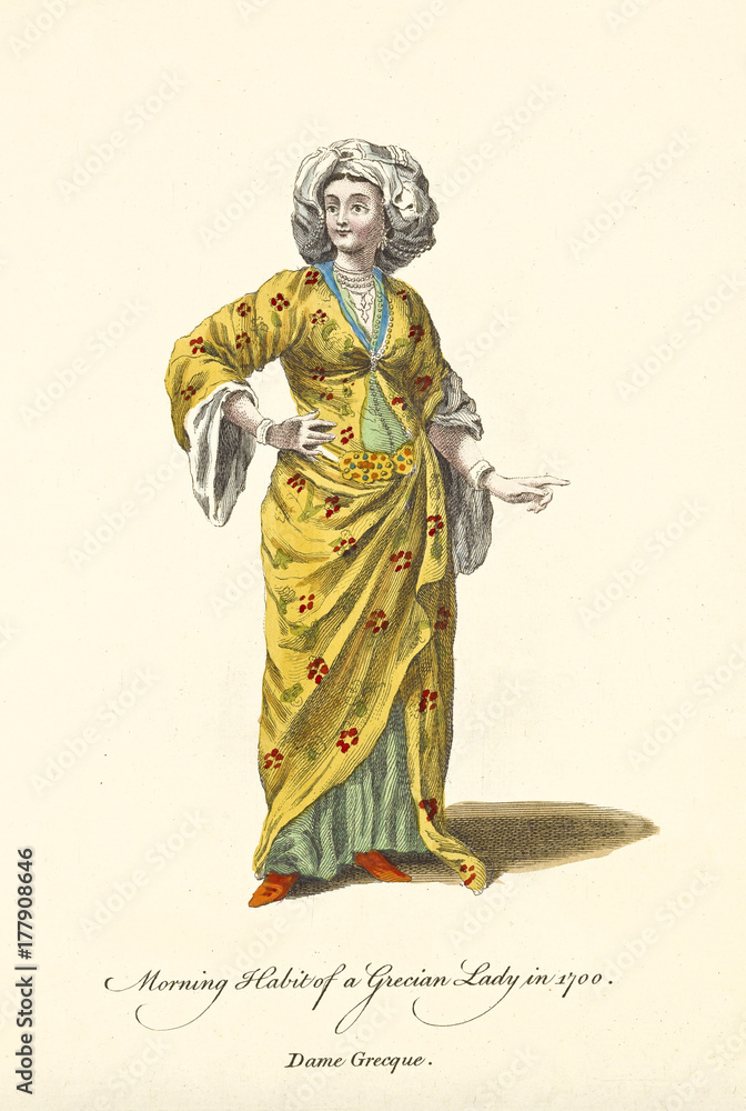 Grecian Lady in traditional morning dresses in 1700. Yellow long dress and white big turban. Old illustratiion by J.M. Vien, publ. T. Jefferys, London, 1757-1772