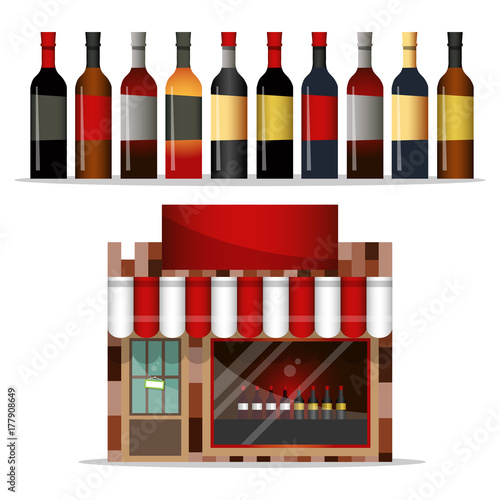 Front facade of a liquor store with a large shop window. A set of bottles of wine. Vector illustration.