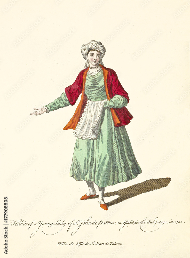 Patmos Lady in traditional dresses in 1700. Red jacket and white turban. Old illustration by J.M. Vien, publ. T. Jefferys, London, 1757-1772