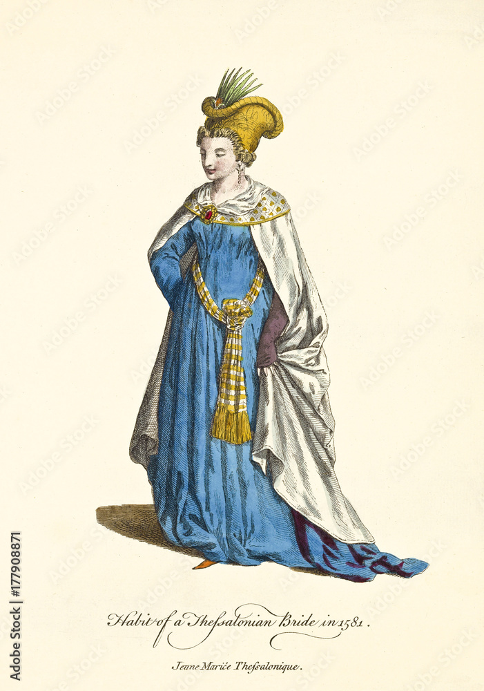 Thessalonian Lady in traditional wedding dresses in 1581. Long blue dress and white mantle. Old illustration of by J.M. Vien, publ. T. Jefferys, London, 1757-1772