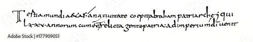 Carolingian minuscule, 9th century, text of Bede the Venerable (from Meyers Lexikon, 1896, 13/420/421)