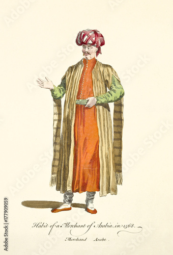 Arabian man in traditional rich dresses in 1568. Old illustratiion by J.M. Vien, publ. T. Jefferys, London, 1757-1772
