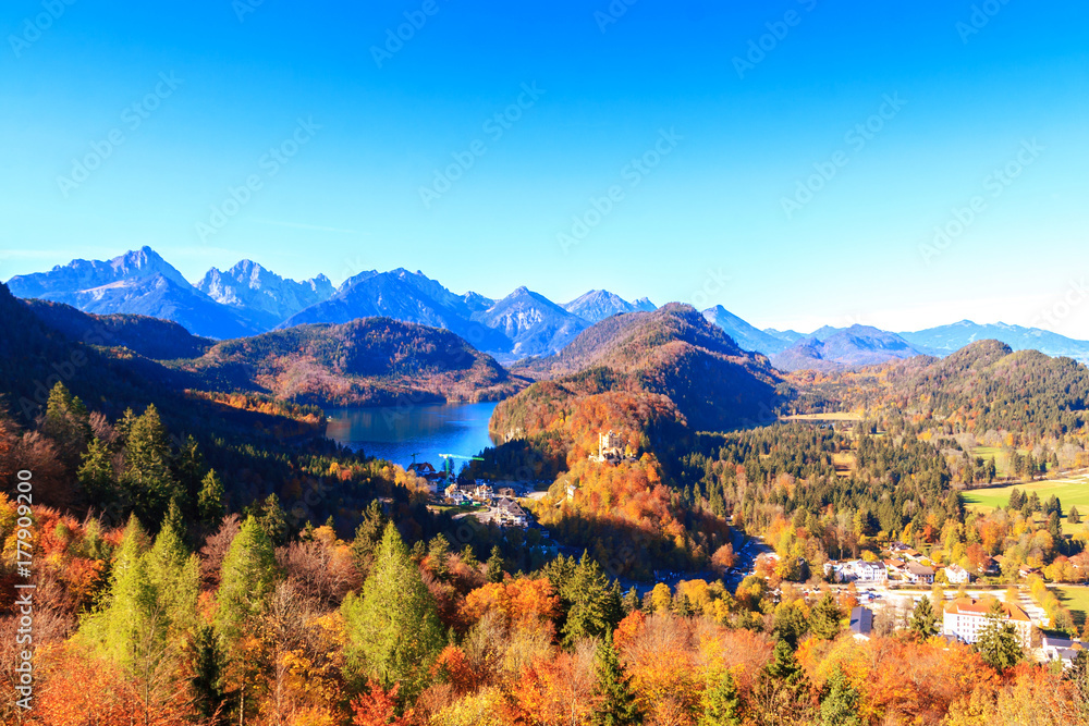 Mountain lake and  view to Bavarian Alps