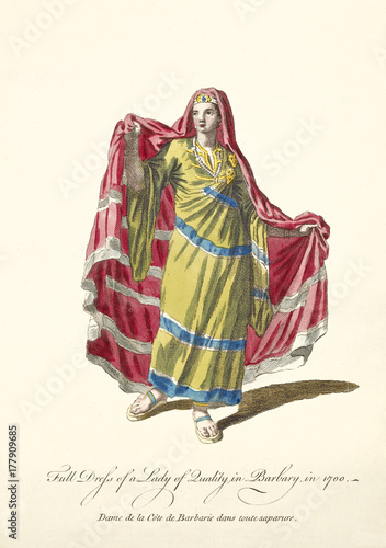 Old illustration of Berber women in traditional dresses in 1700. Ancient elements like tunic, long cloak and sandals. By J.M. Vien, publ. T. Jefferys, London, 1757-1772