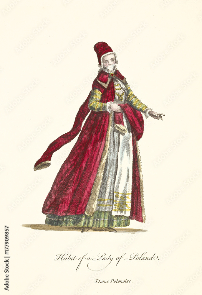 Old illustratiion of Polish Lady posing in traditional dresses. Classic ancient female elements like velvet wrap, long skirt and gold necklake. By J.M. Vien, publ. T. Jefferys, London, 1757-1772