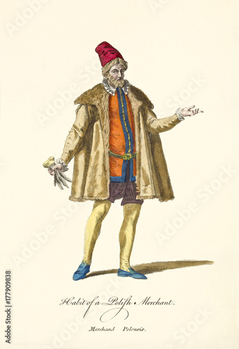 Old illustratiion of Polish Merchant posing in traditional dresses. Classic ancient elements like male tights ,fur coat and long cap. By J.M. Vien, publ. T. Jefferys, London, 1757-1772