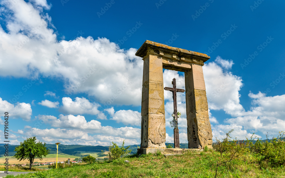 Christian cross in a field on the border between Presov and Kosice regions in Slovakia