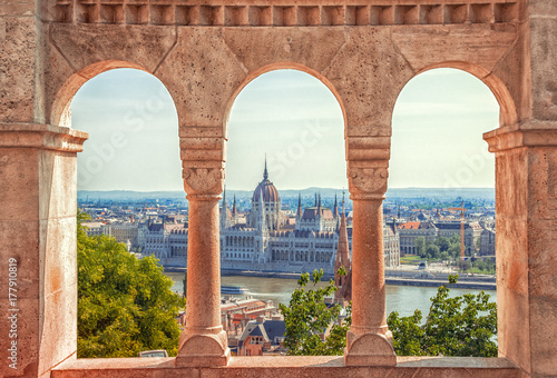 Canvas Print Hungary. Budapest. Parliament view through Fishermans Bastion.