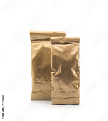 Gold Foil plastic paper bag front and back view isolated on white background