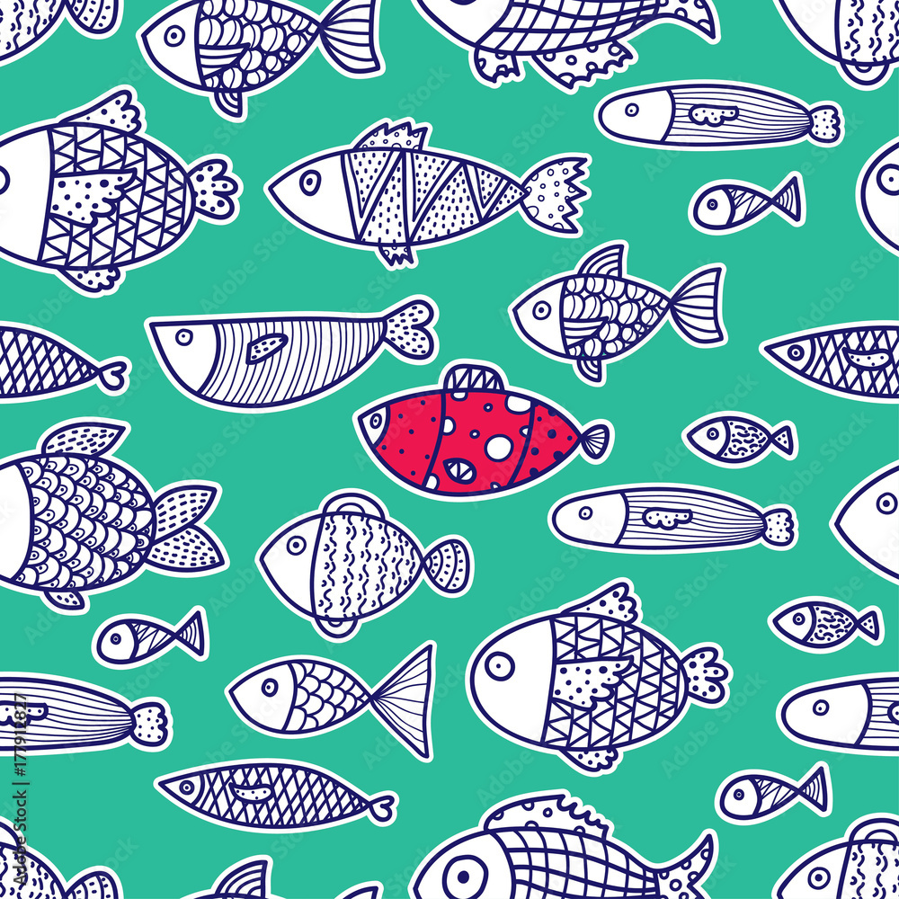 Line fish. Seamless pattern with cute ornamental fish. Sea background. Line fish. Seamless pattern with cute ornamental fish. Sea background.