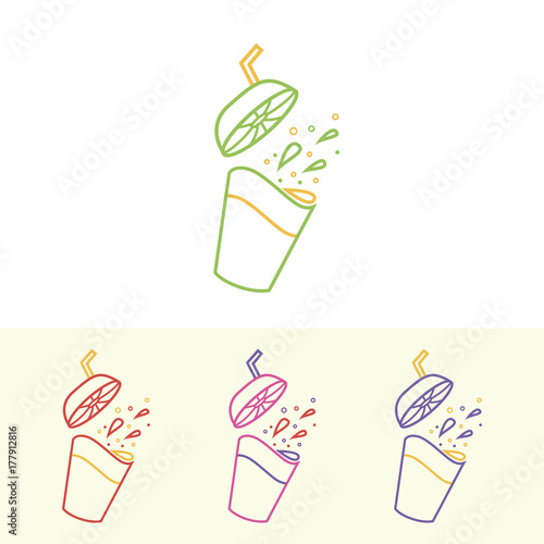 Set of vector logo templates for cafe or drink takeaway. Hot fresh in a glass with lid as citrus.