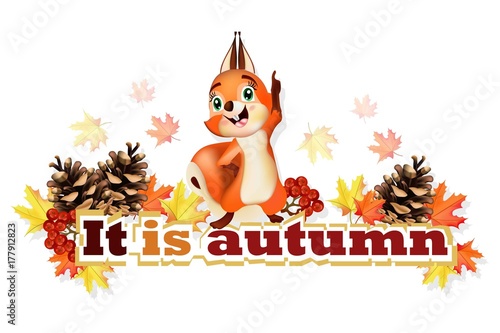 Autumn background with funny squirrel character Vector illustrations