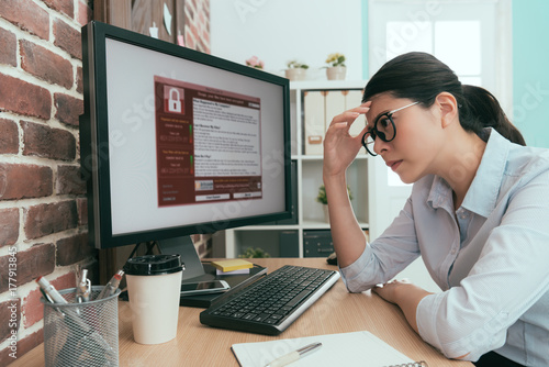 pretty office worker lady thinking work solution photo