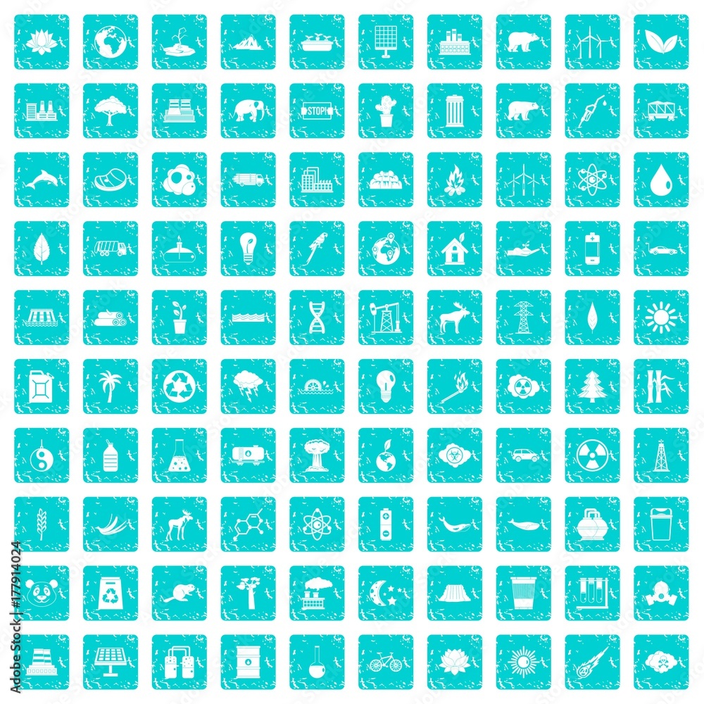 100 eco icons set grunge blue 100 eco icons set grunge blue