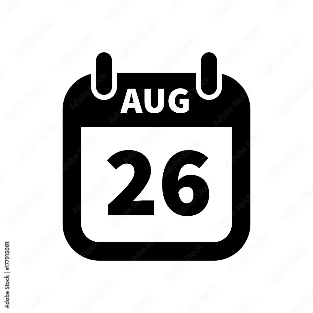 Simple black calendar icon with 26 august date isolated on white Simple black calendar icon with 26 august date isolated on white