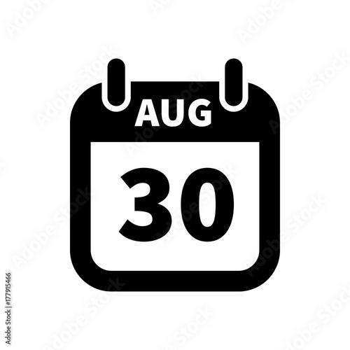 Simple black calendar icon with 30 august date isolated on white