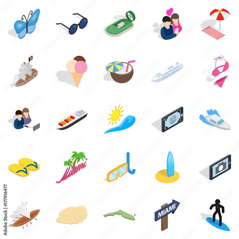 Rest on the sea icons set, isometric style Rest on the sea icons set, isometric style