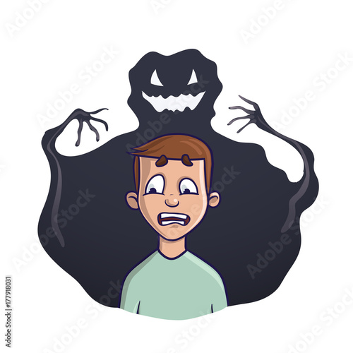 The young man and the shadow monster behind him. Vector illustration on the theme of insomnia, nightmares, fears. Isolated on white background.