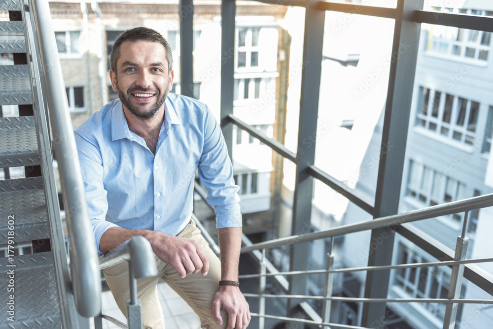 Pleasant trendy guy is expressing gladness Pleasant trendy guy is expressing gladness