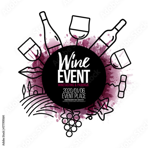 Concept with vineyard and wine icons. Wine stains background