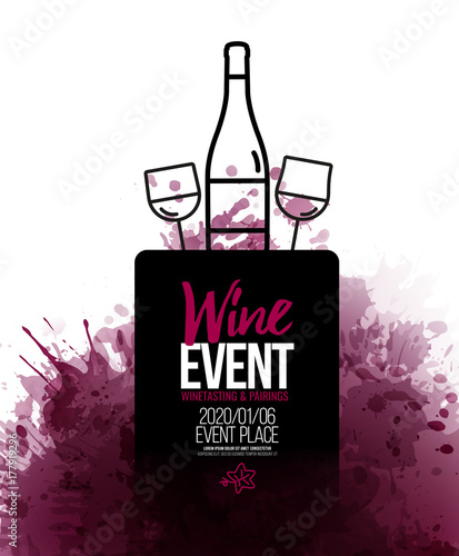 Template for promotions or presentations of wine events.  Background texture of wine stains.