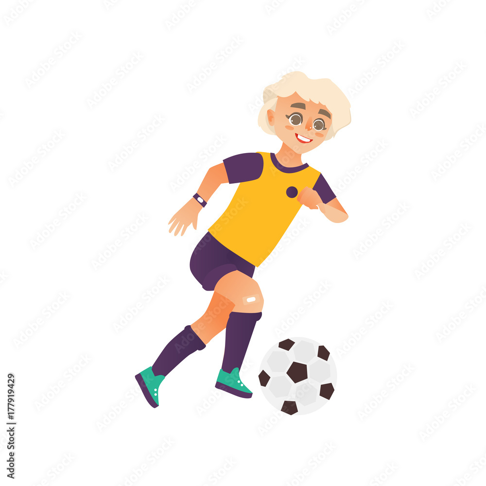 vector cartoon stylized young teen boy playing football. Male man athlete insport clothing, boots and watches smiling. Isolated illustration on a white background.