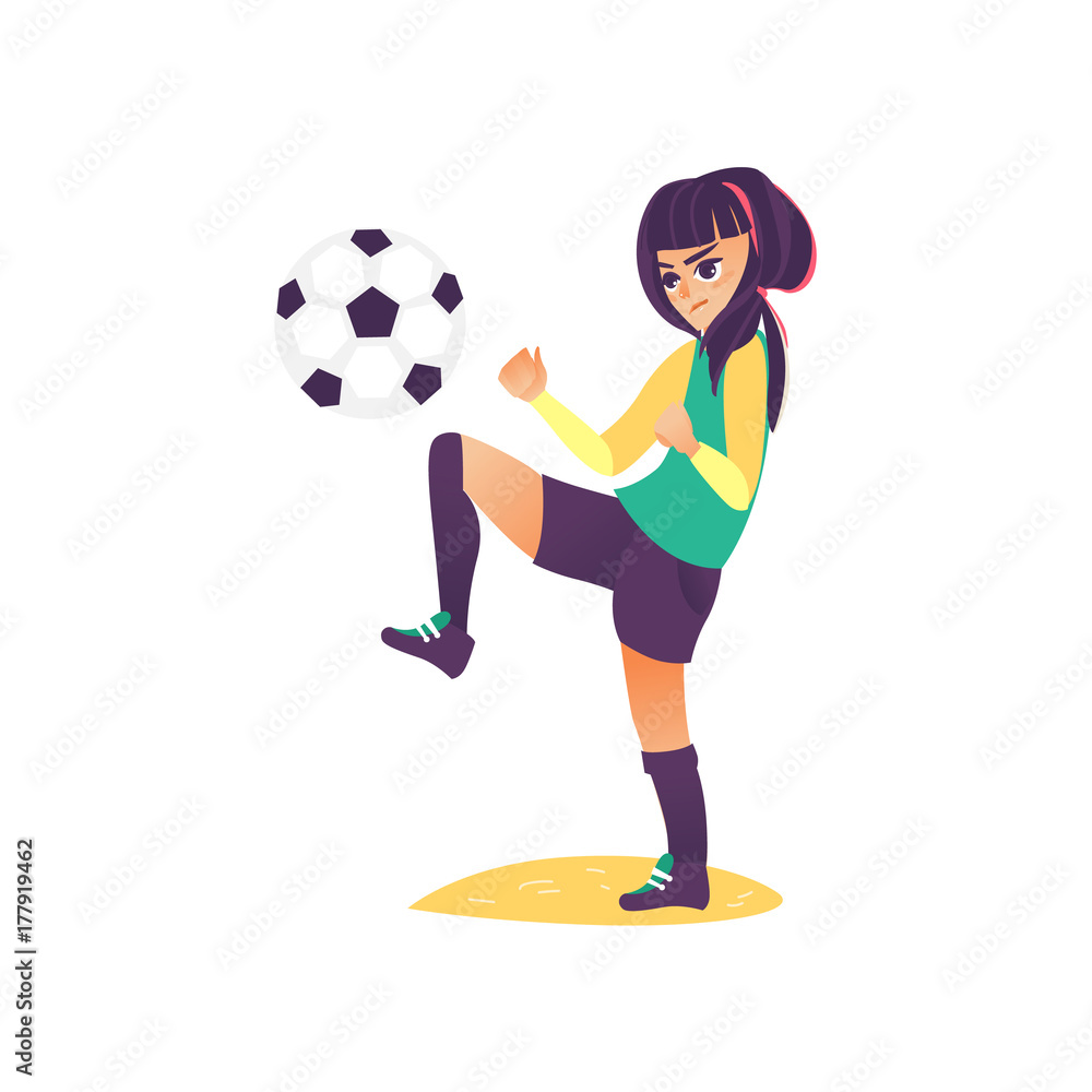 vector cartoon stylized serious young teen girl making exercises with football ball. Female woman athlete in sport sport clothing, boots. Isolated illustration on a white background.