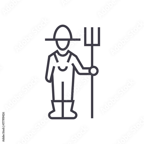 male farmer with hayfork line icon, sign, symbol, vector on isolated background