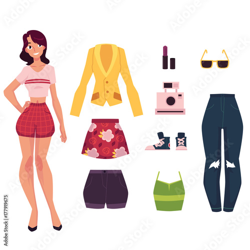 Girl, young woman and her wardrobe, clothes and accessories, cartoon vector illustration isolated on white background. Cartoon girl, young woman portrait, her clothes and accessories