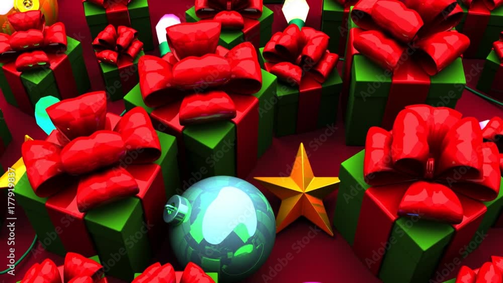 Christmas Gift Boxes On Red Background. Loop able 3DCG render Animation