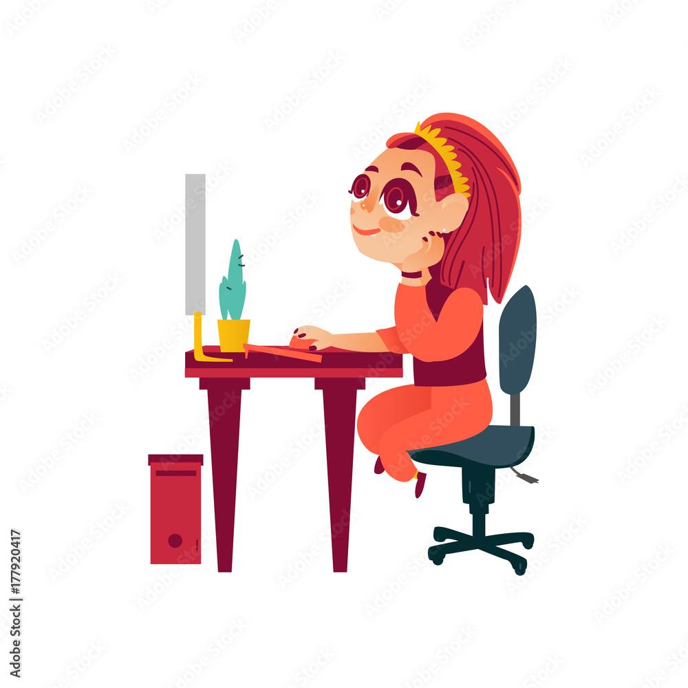 Teenage girl working on computer, desktop sitting at table, kids and technology, funny flat cartoon vector illustration isolated on white background. Flat cartoon portrait of teen girl using computer Teenage girl working on computer, desktop sitting at table, kids and technology, funny flat cartoon vector illustration isolated on white background. Flat cartoon portrait of teen girl using computer