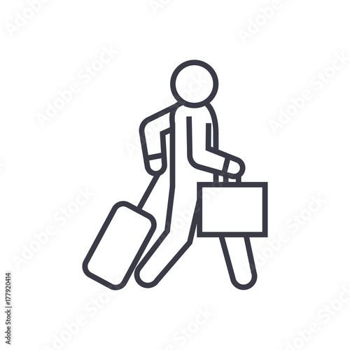 business traveler walks line icon, sign, symbol, vector on isolated background