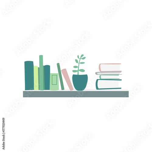 Books standing and lying on shelf, house plant, interior element, flat cartoon vector illustration isolated on white background. Flat cartoon bookshelf with books and house plant hanging on the wall