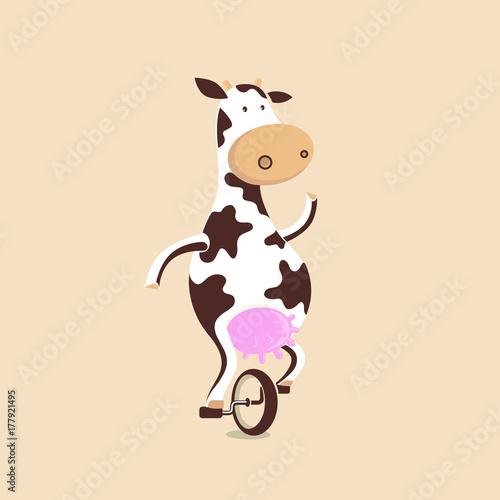 Funny cow on a mono wheel or circus mono cycle. Cute cartoon style milking cow maskot. Concept for milk package and advertising of milk or baby food.