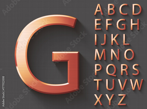 Set of copper 3D uppercase english letters. Copper metallic shiny font on gray background. Good typeset for technology and production concepts. Transparent shadow, EPS 10 vector illustration.