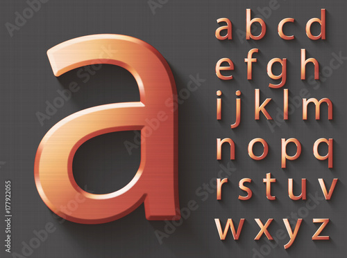 Set of copper 3D lowercase english letters. Copper metallic shiny font on gray background. Good typeset for technology and production concepts. Transparent shadow, EPS 10 vector illustration.