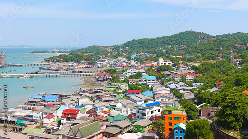 Panoramic view of Chumphon estuary Fishing Village with cloudy sky ,Thailand. Fishing is the main occupation for the villagers,industrial landscape, top view the horizon of the sea